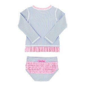 RuffleButts Toddler Girls Periwinkle Seersucker Long Sleeve Rash Guard Bikini Si